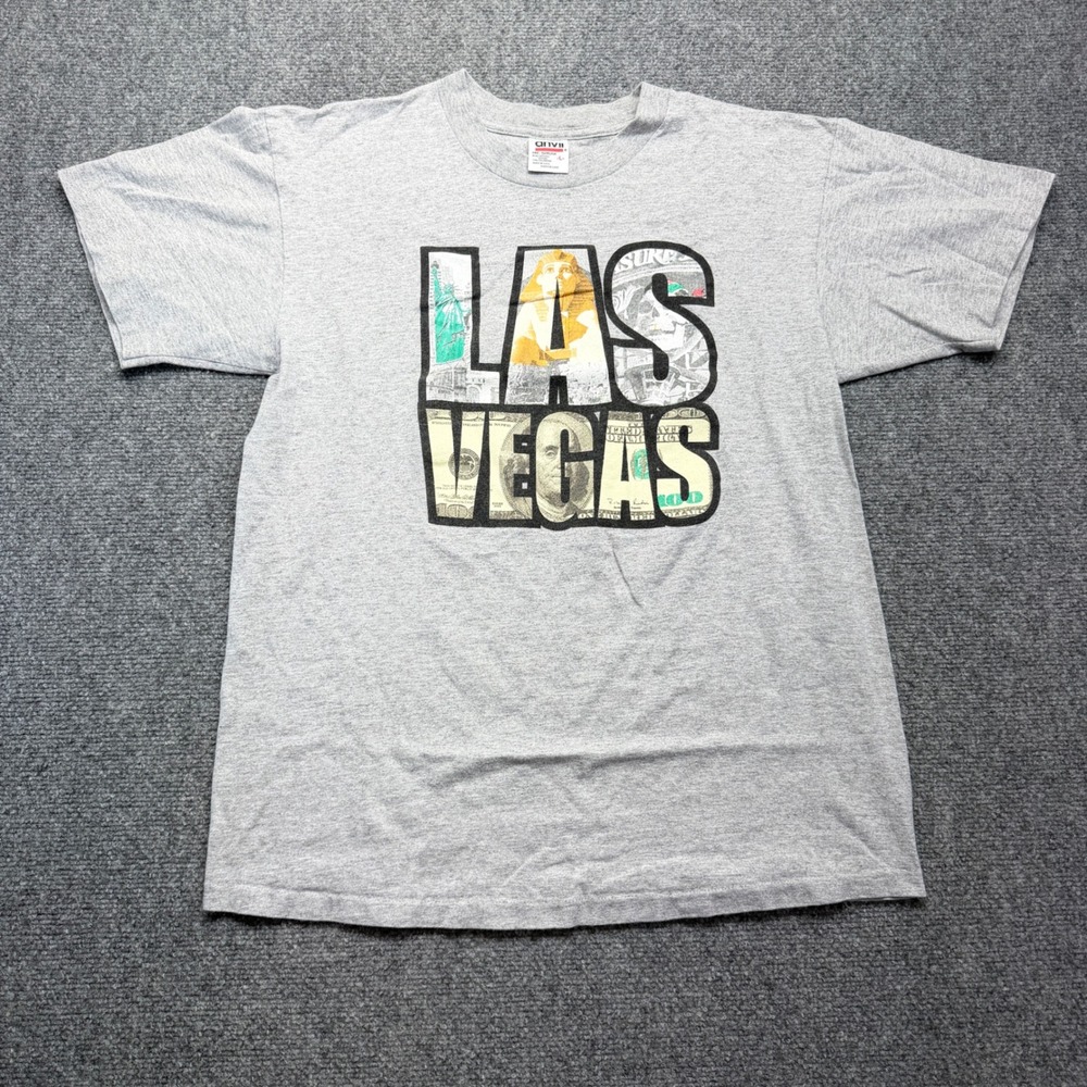 Vintage Anvil Las Vegas Graphic T-Shirt Mens Large Gray Souvenir Made in USA